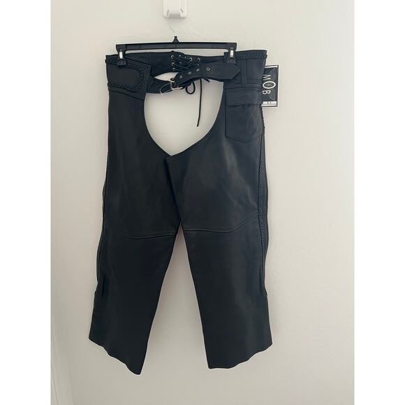 NWT MOB Women Black Braided Zippered Leather Belted Adjustable Riding Chaps 2XL - Picture 6 of 15